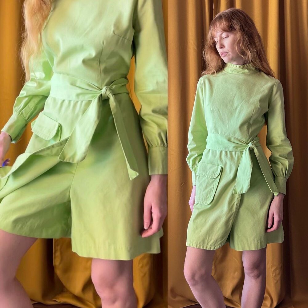 Vintage 1970s Mod Green Wide Leg Romper, Medium